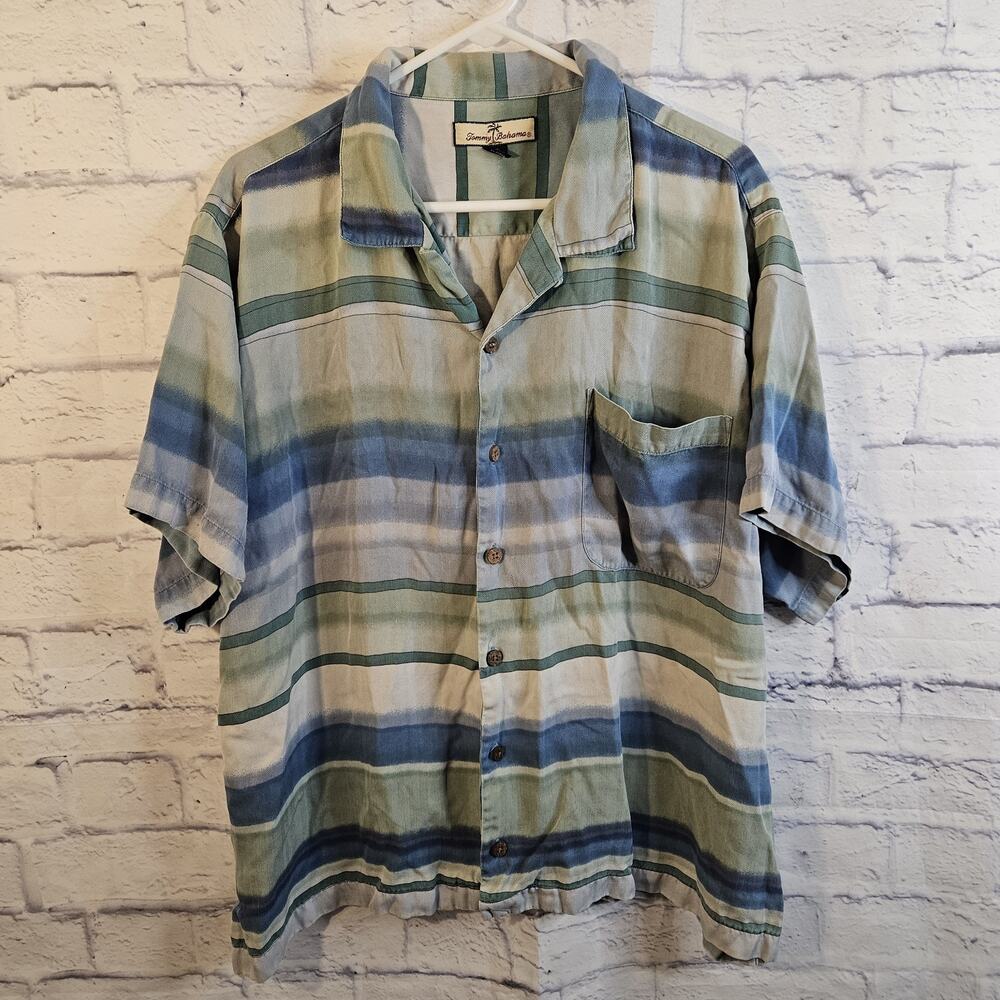 Tommy Bahama Shirt Men's XXL Blue Striped Casual Beachy Wood Buttons 100% Silk